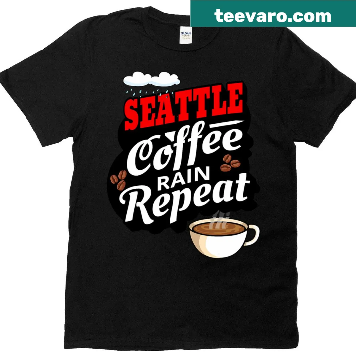 T-shirt celebrating Seattle's coffee culture and rainy atmosphere — on a men's t-shirt