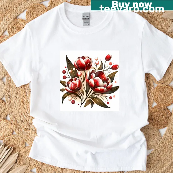 Floral illustration of Semper Augustus tulip on a T-shirt