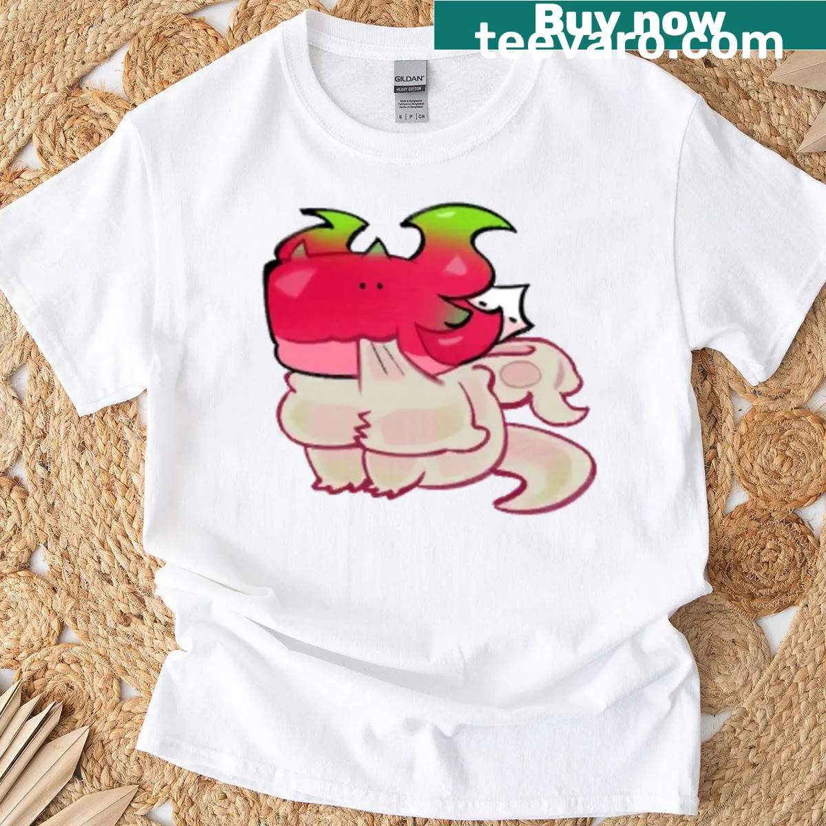 Whimsical dragon and pitaya cookie illustration on classic t-shirt — on a men's t-shirt