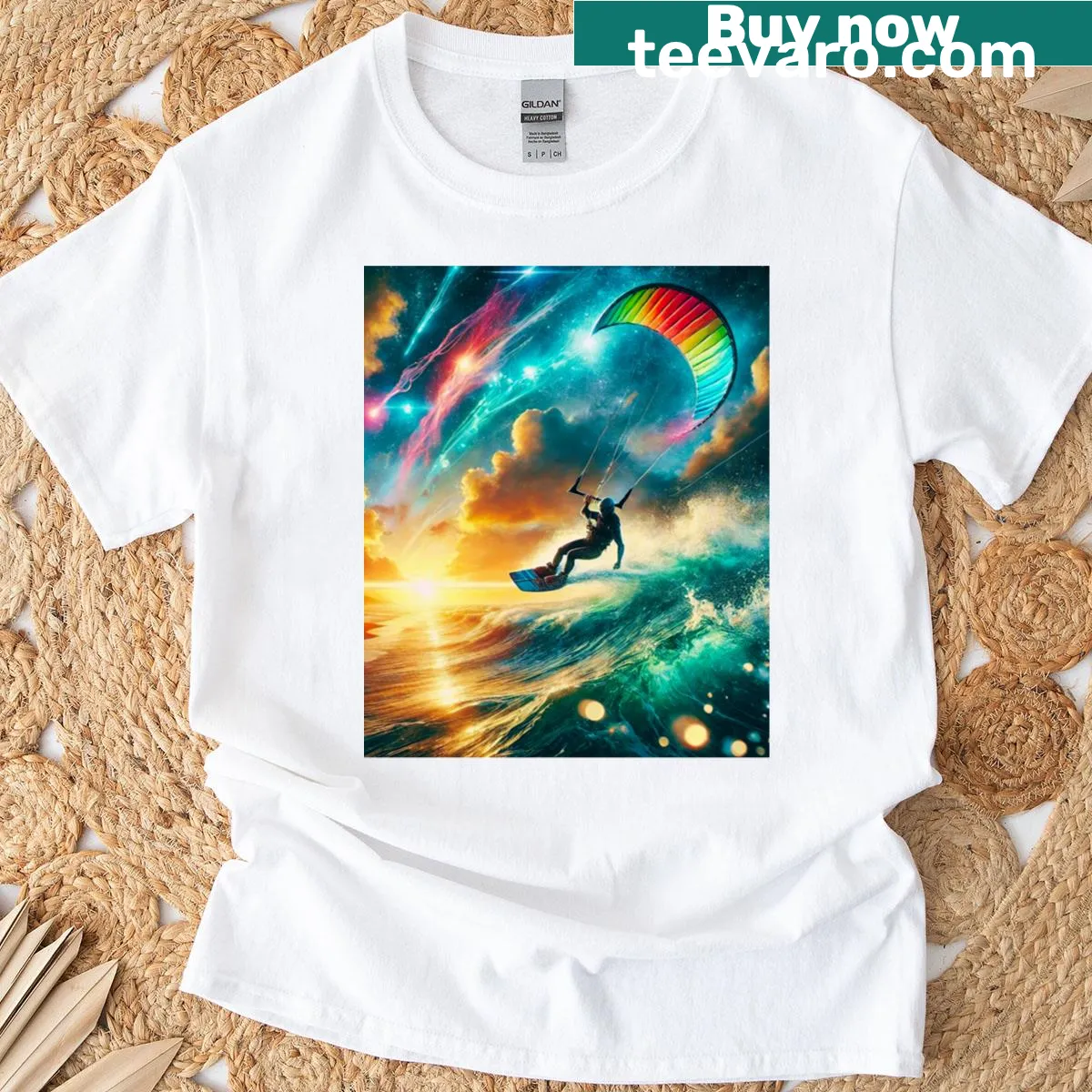 Sky dancer illustration above ocean waves T-shirt — on a men's t-shirt