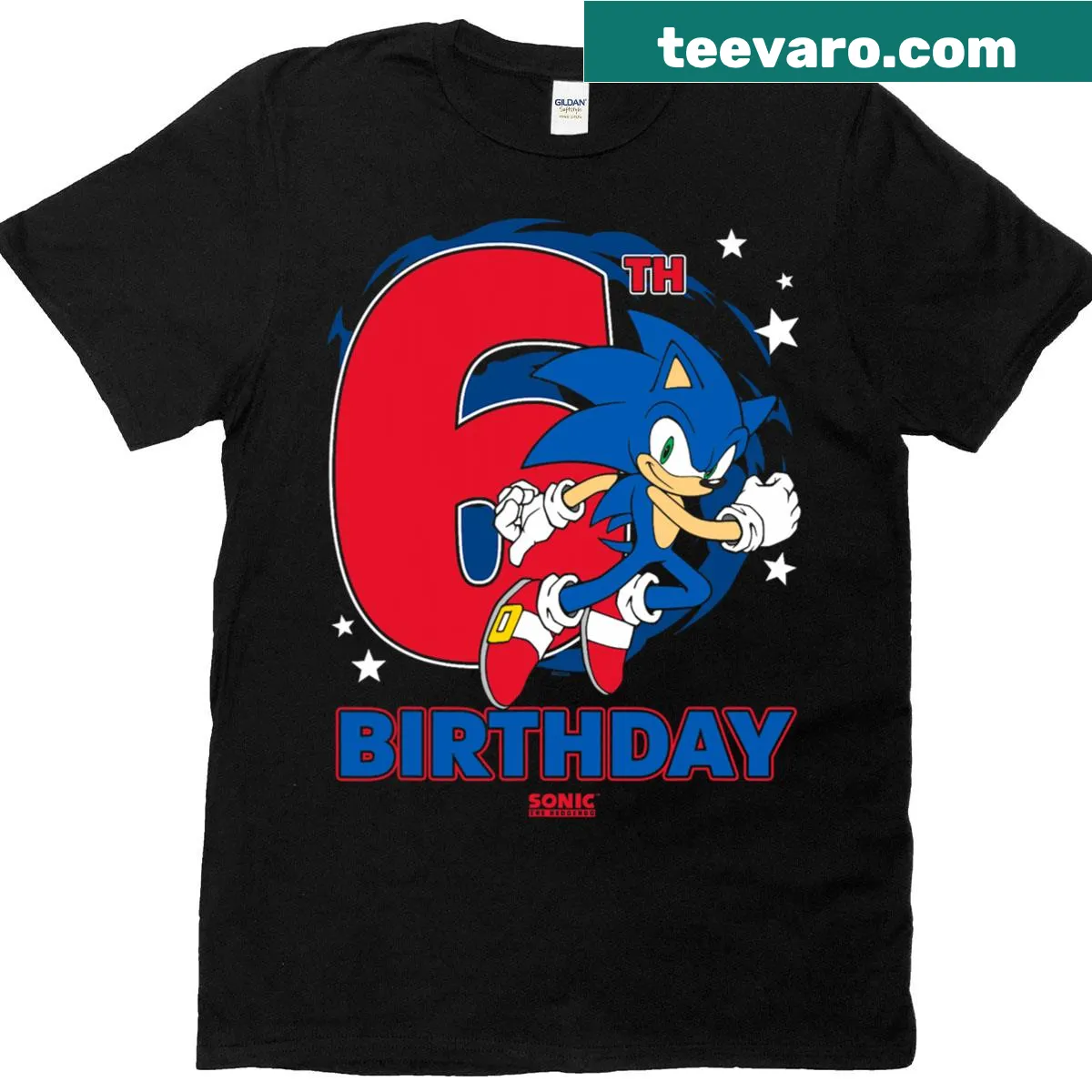 Sonic The Hedgehog logo design for kids' birthday T-shirt — on a men's t-shirt
