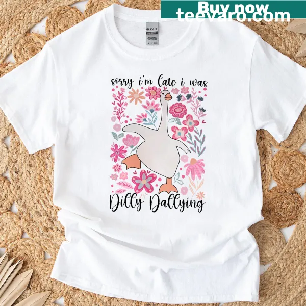 Boho floral goose graphic with 'Sorry I'm Late' text on T-shirt