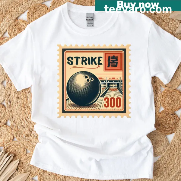 Retro postage stamp design celebrating bowling on a classic t-shirt