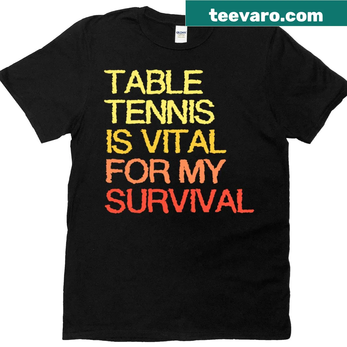 Humorous table tennis t-shirt with the phrase about survival in bold typography — on a men's t-shirt