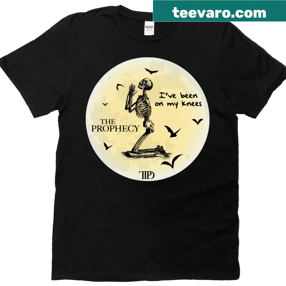 Bold typography t-shirt featuring the phrase 'The Prophecy Please' — on a men's t-shirt