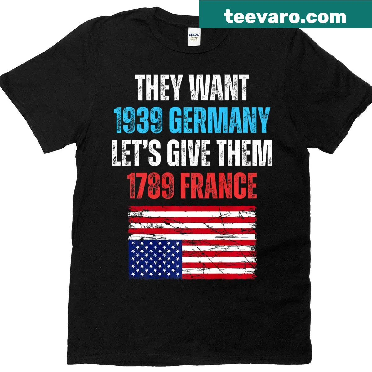 Text and US flag design on a shirt about historical references — on a men's t-shirt