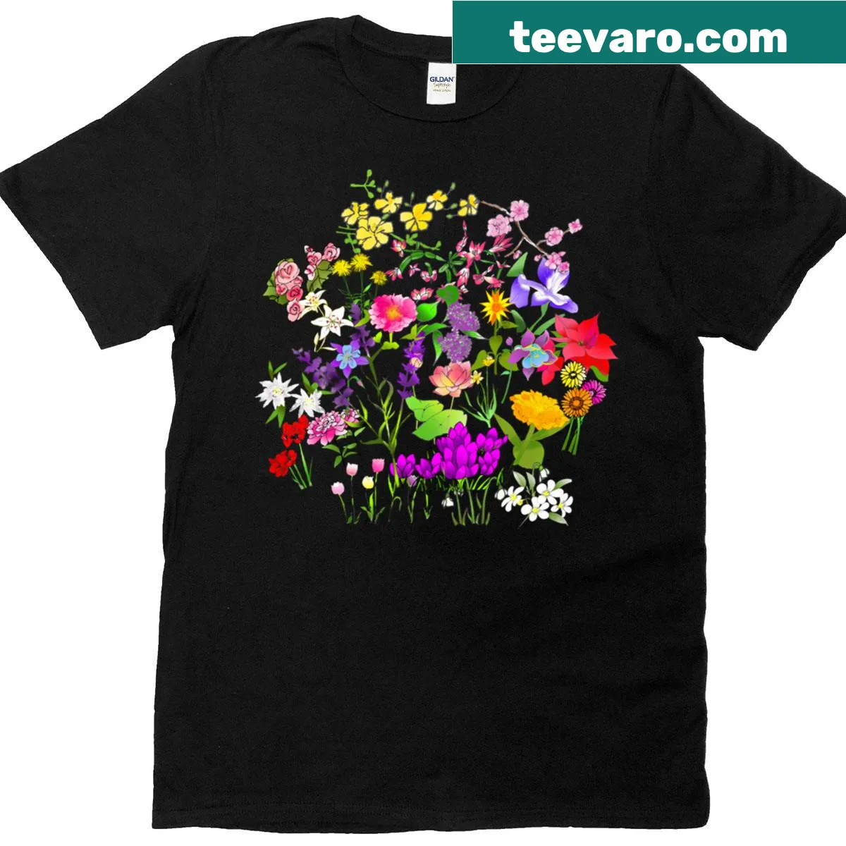 Floral art T-shirt with watercolor flower bunch design — on a men's t-shirt