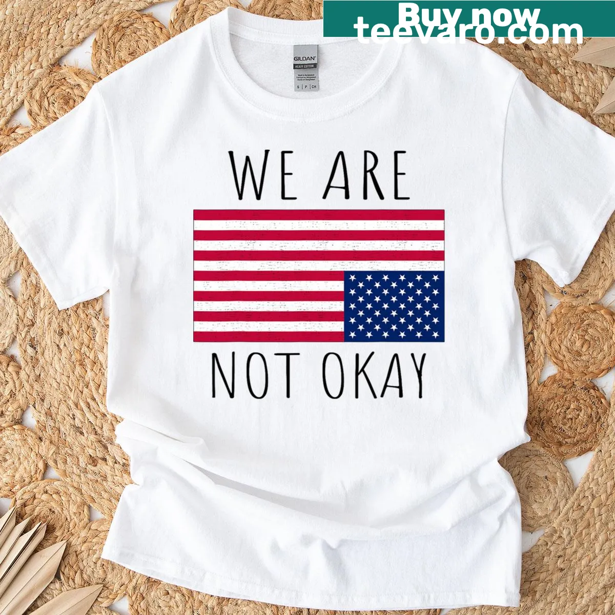 T-shirt with a vintage American flag and slogan We Are Not Okay — on a men's t-shirt