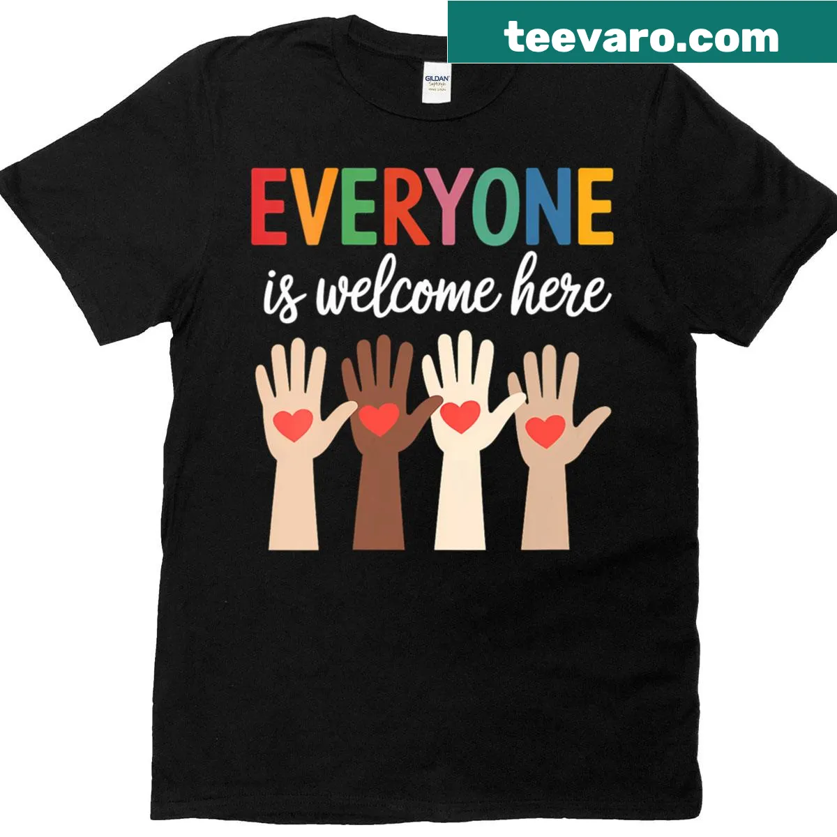 V-neck T-shirt with welcoming message for teachers: Everyone Is Welcome Here — on a men's t-shirt