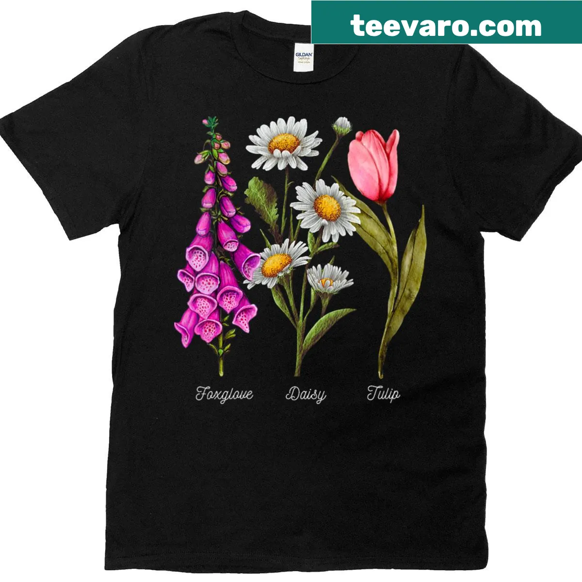 Floral plant design featuring foxglove, daisy, and tulip for moms — on a men's t-shirt