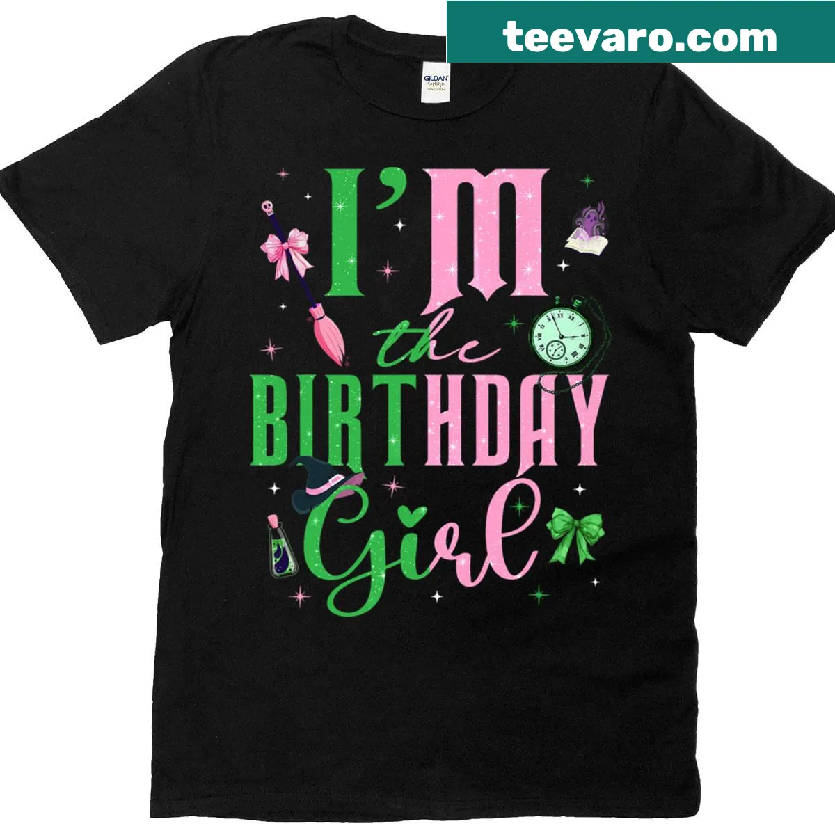 Cute T-shirt with 'I'm The Birthday Girl' and whimsical witch illustrations — on a men's t-shirt