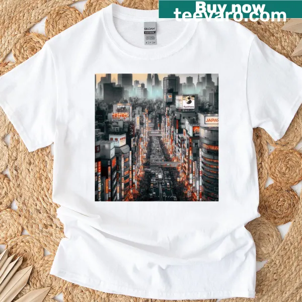 T-shirt featuring an illustration of Tokyo's cityscape at dusk