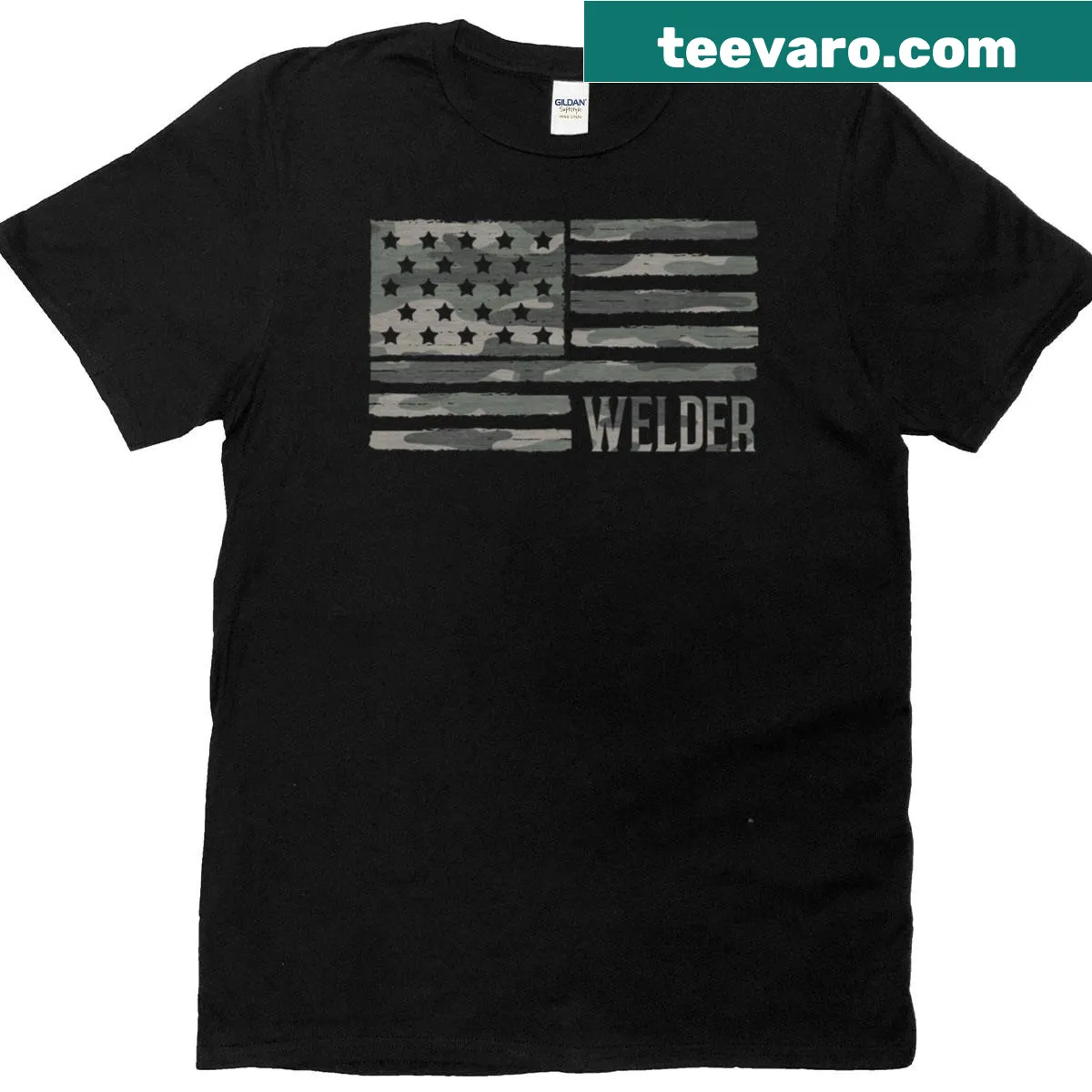 Camo T-shirt with patriotic American flag for welders — on a men's t-shirt