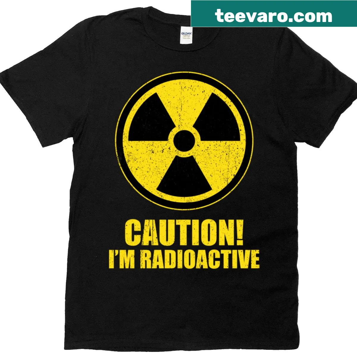 Edgy T-shirt with 'Caution I'm Radioactive' text for cancer support — on a men's t-shirt