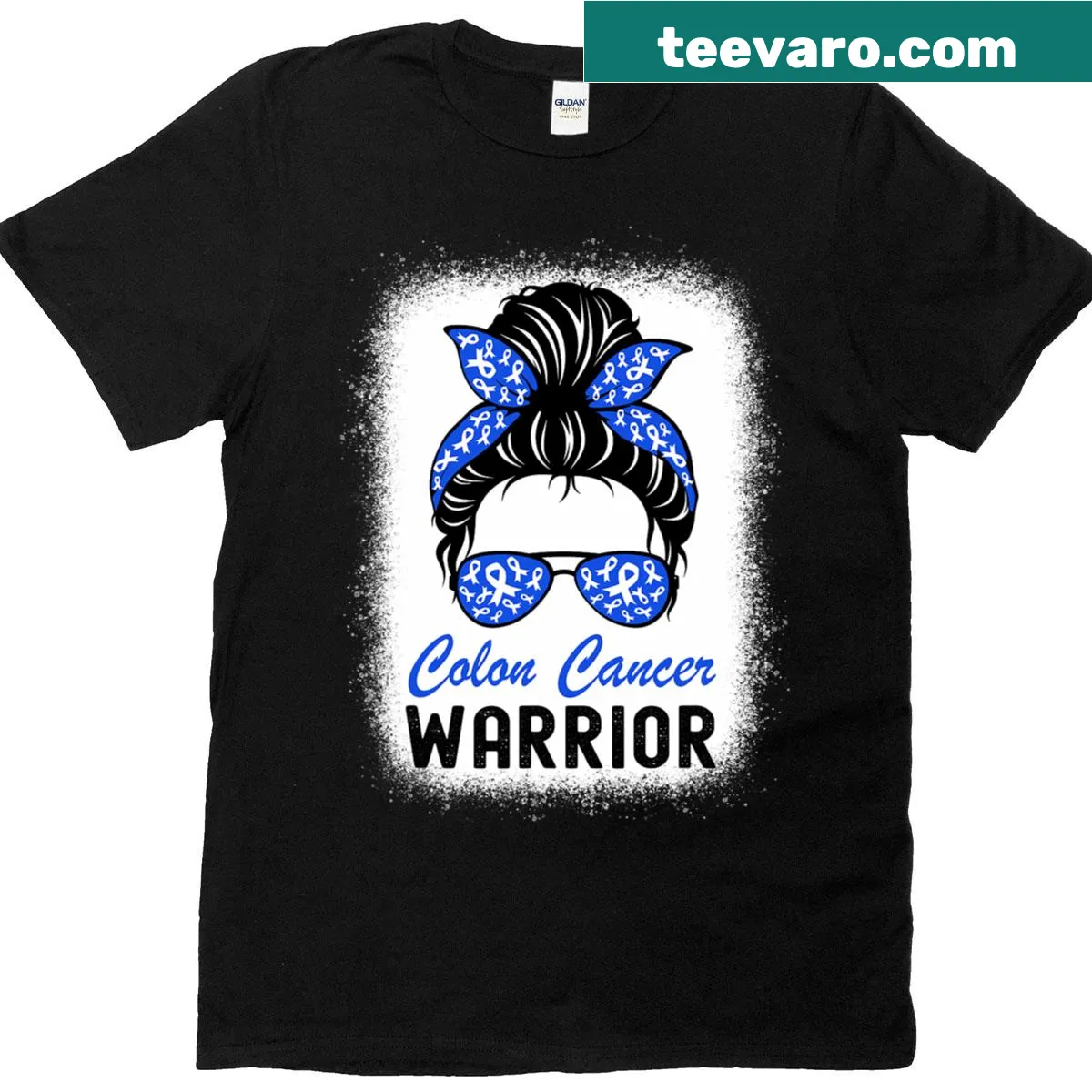 Illustration of a messy bun with colon cancer warrior text — on a men's t-shirt