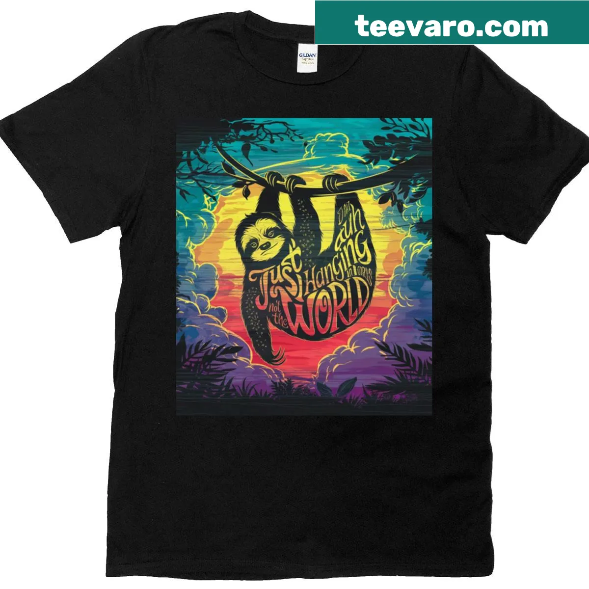 Retro sloth design hanging with sunset backdrop — on a men's t-shirt