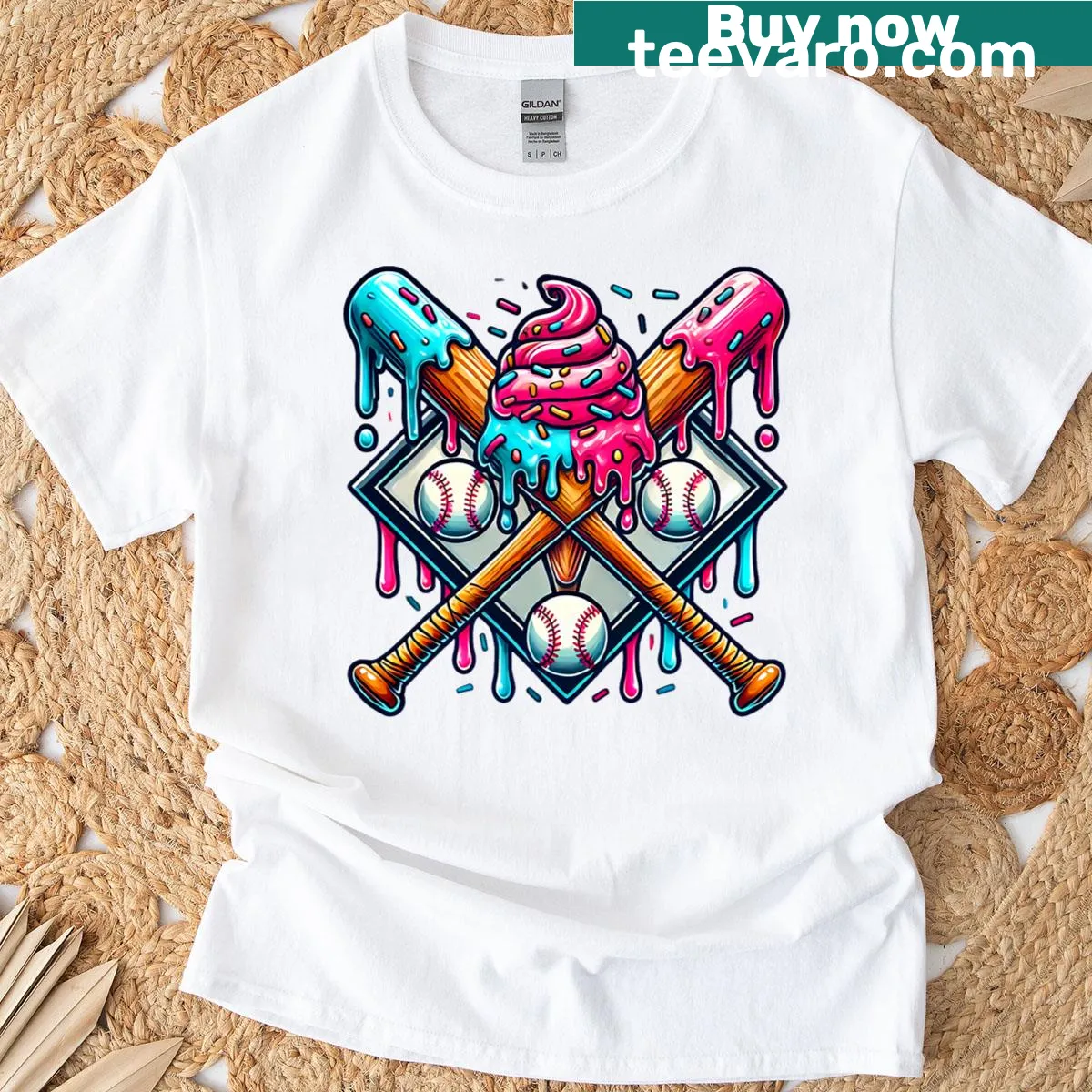 Cartoon baseball bat and home plate with sprinkles graphic — on a men's t-shirt