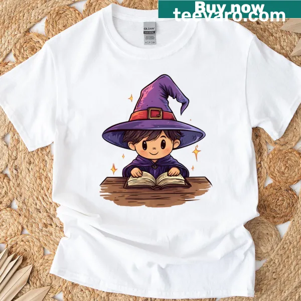 Cartoon-style t-shirt featuring a cute chibi wizard