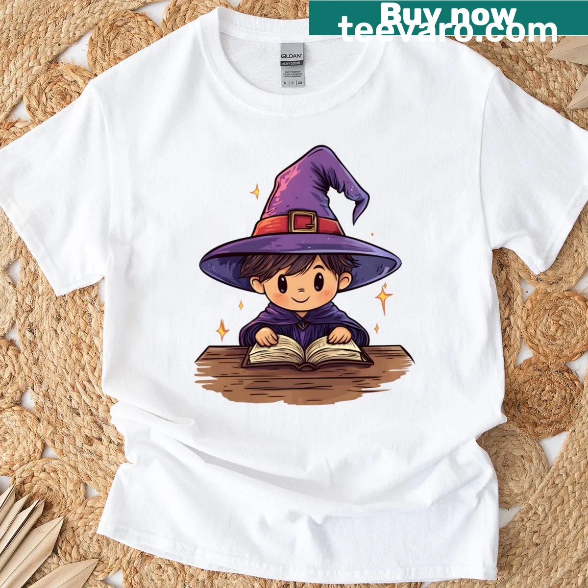 Cartoon-style t-shirt featuring a cute chibi wizard — on a men's t-shirt