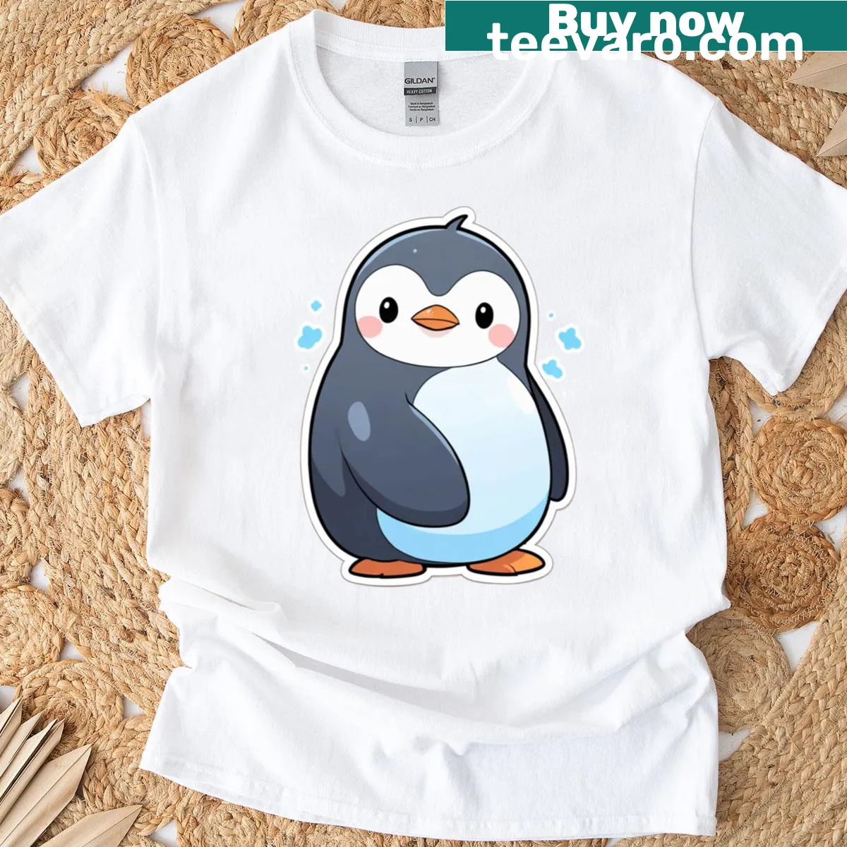 Cute penguin sticker-style t-shirt — on a men's t-shirt