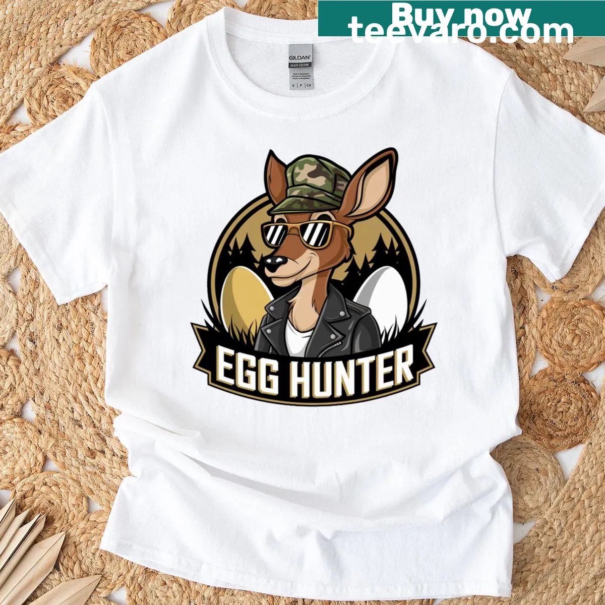 Funny T-shirt with deer illustration for young egg hunters — on a men's t-shirt