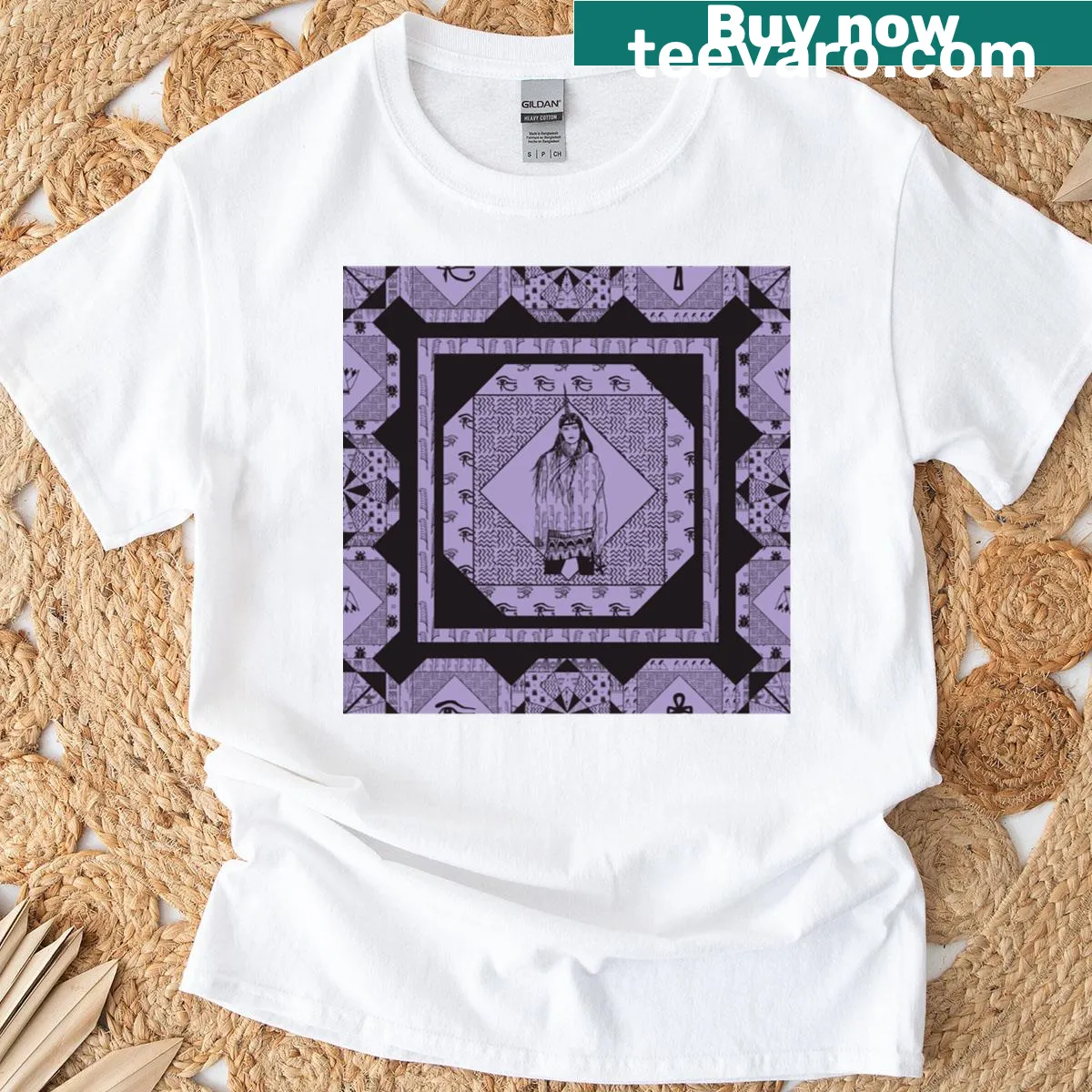 Minimalist t-shirt featuring the Egyptian goddess Maat — on a men's t-shirt