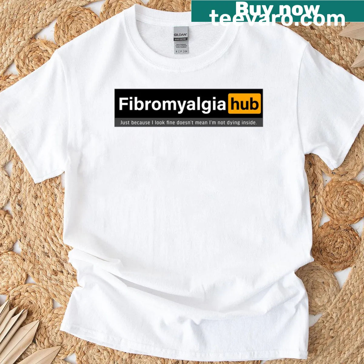 T-shirt with text addressing fibromyalgia and chronic pain — on a men's t-shirt