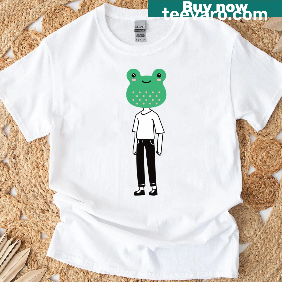 Whimsical illustrated T-shirt featuring a frog — on a men's t-shirt