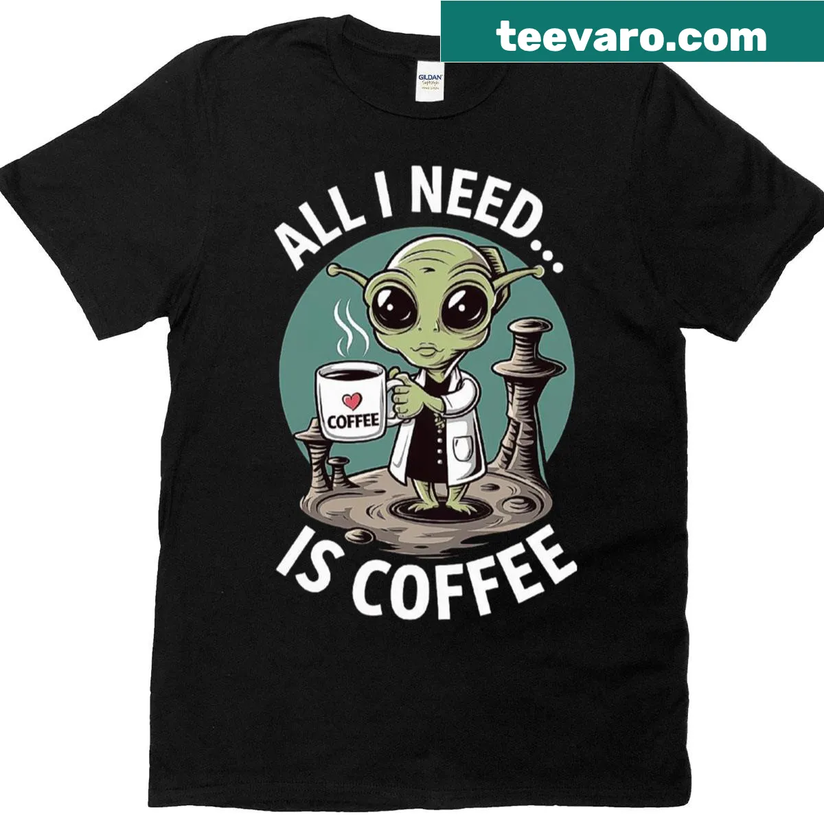 Funny T-shirt featuring an alien graphic with a coffee theme — on a men's t-shirt