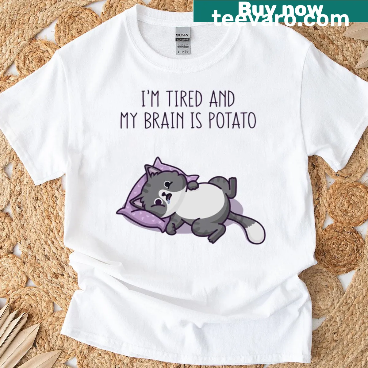 Cartoon illustration of a tired cat on a humorous t-shirt — on a men's t-shirt