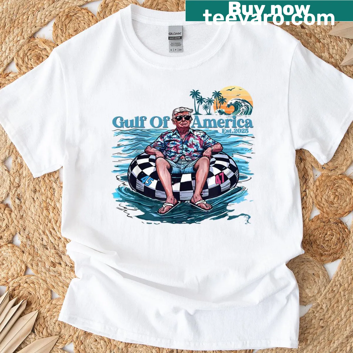 Retro graphic of Trump with a vintage sunset and Gulf of US America — on a men's t-shirt