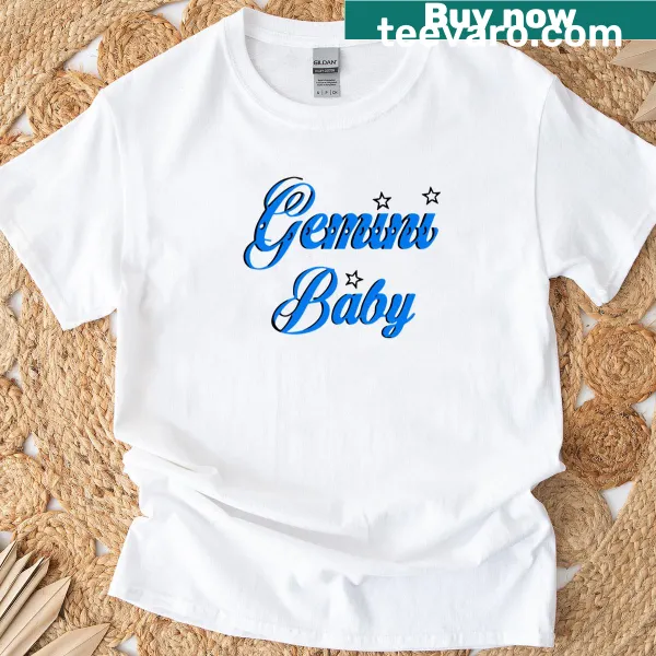 Illustrative Gemini Baby shirt with playful graphics representing duality.