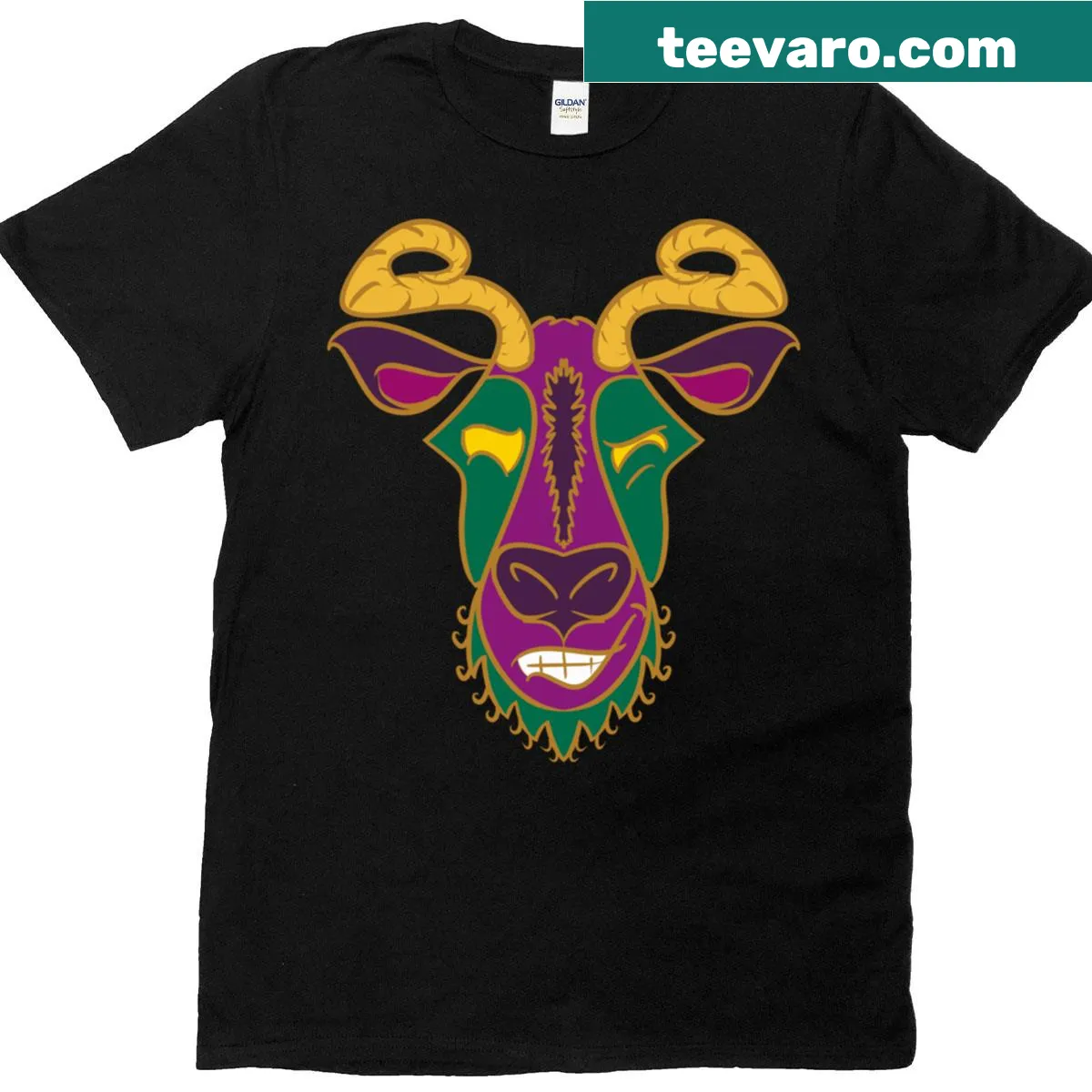 Cartoon goat in festive mask and crown for Mardi Gras — on a men's t-shirt