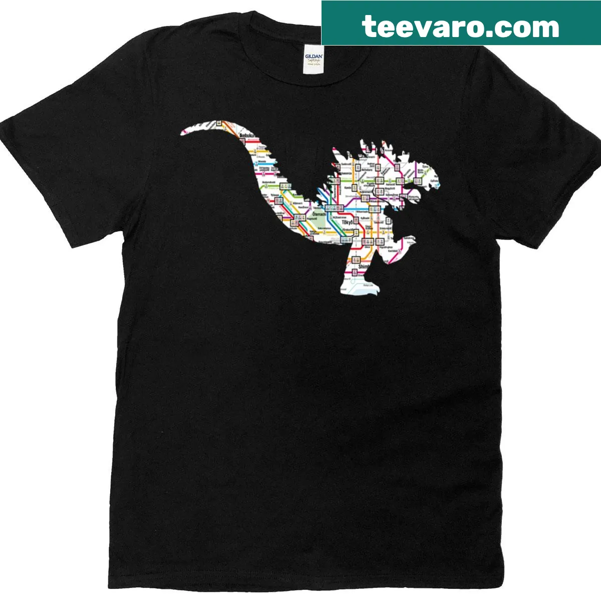 Godzilla stomping on a Tokyo subway map illustration on T-shirt — on a men's t-shirt