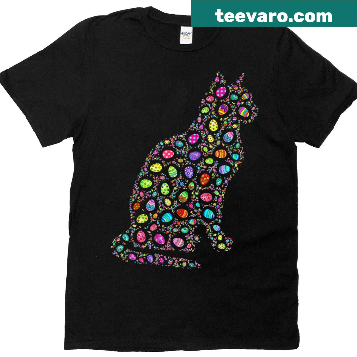 Funny Easter T-shirt with cat and colorful eggs illustration — on a men's t-shirt