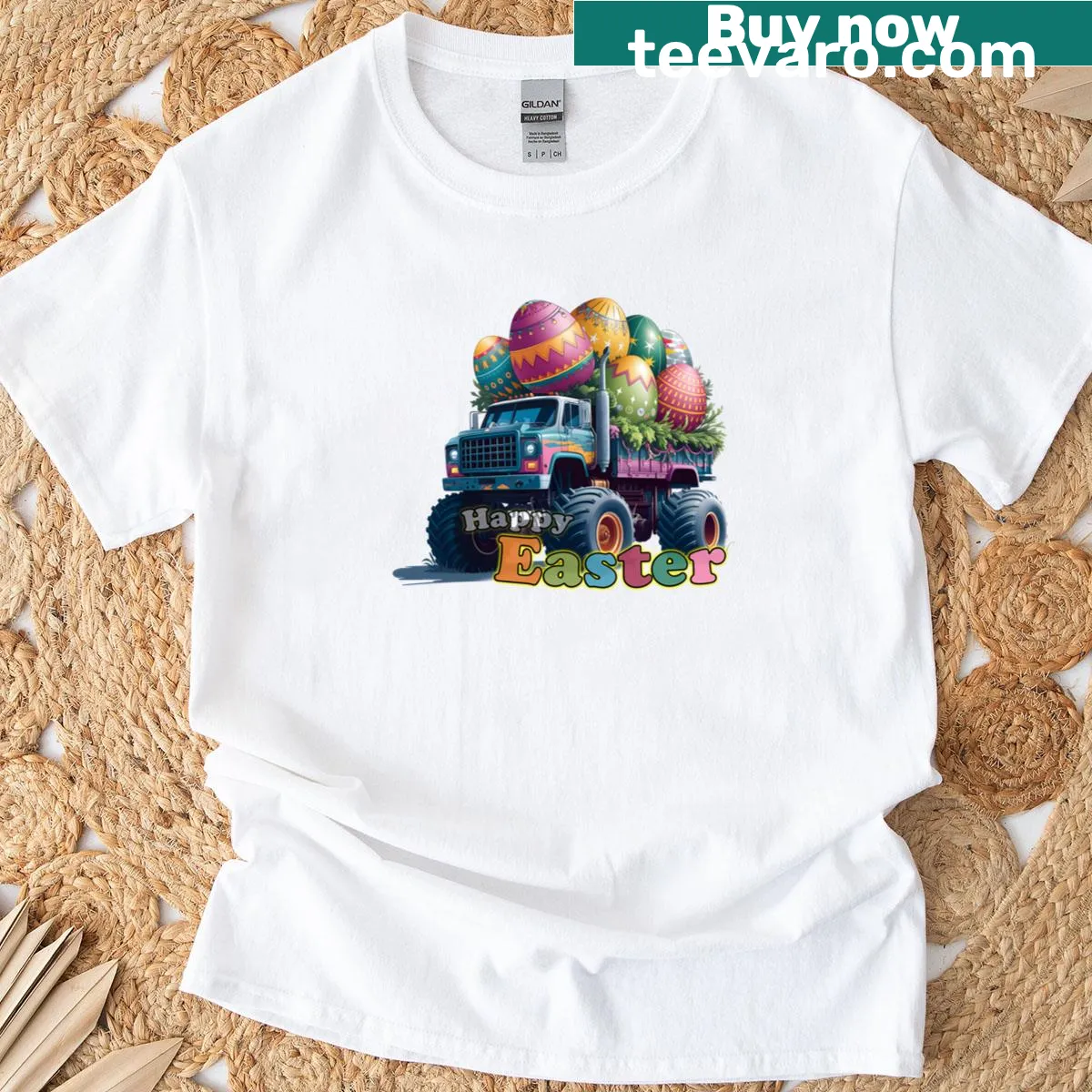 Festive T-shirt with a monster truck and colorful Easter eggs illustration — on a men's t-shirt
