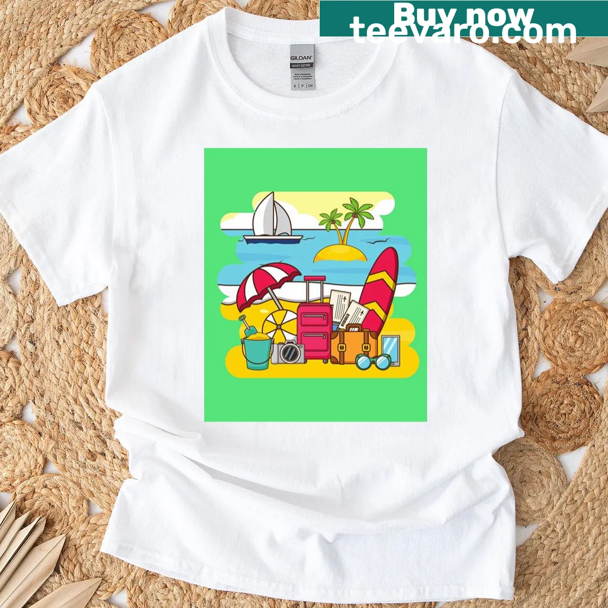 Illustrative beach scene on a casual t-shirt — on a men's t-shirt