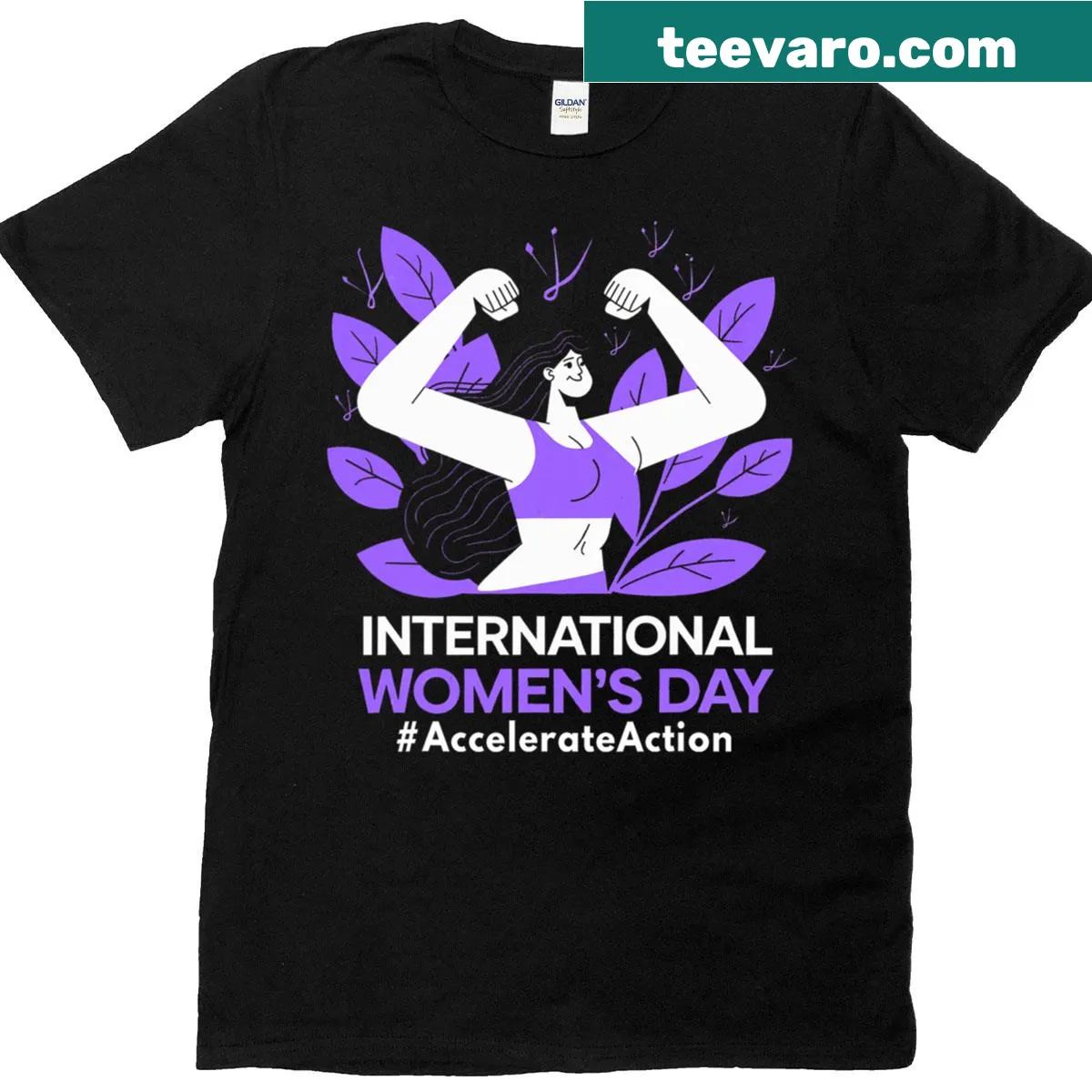 T-shirt for International Women's Day with 'Accelerate Action' text — on a men's t-shirt