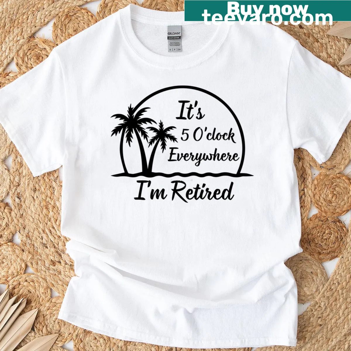 Humorous retirement T-shirt with 'It's 5 O'clock Everywhere' text — on a men's t-shirt