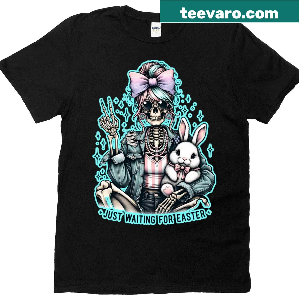 Whimsical T-shirt with Easter skeleton bunny design — on a men's t-shirt