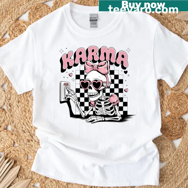 Simple typography shirt with the word 'Karma' prominently displayed.