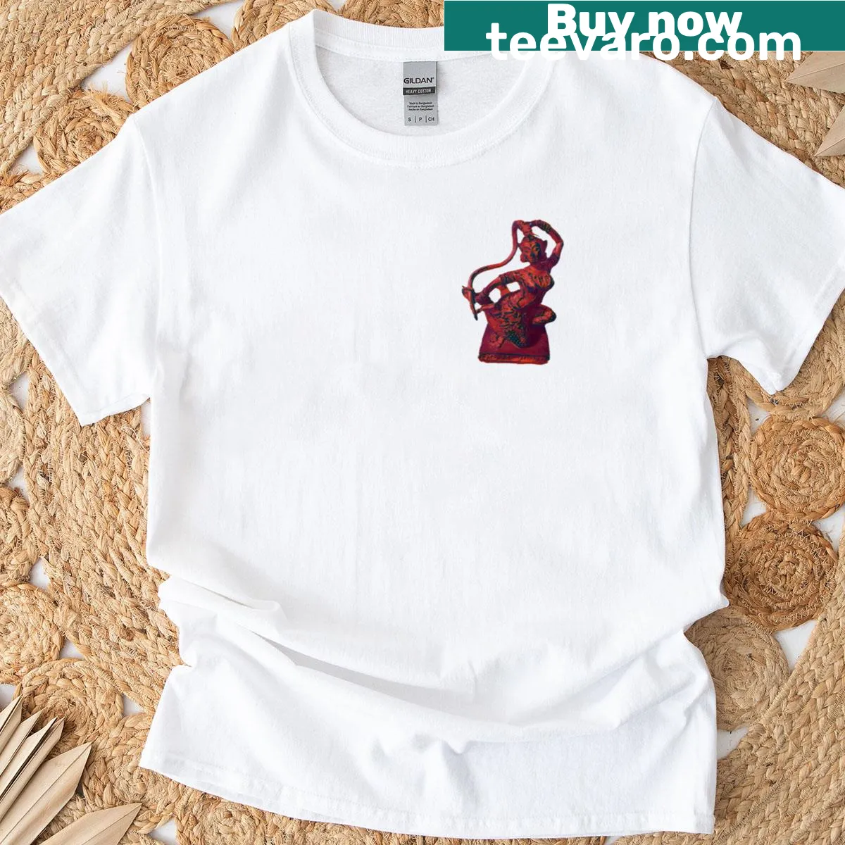 Illustrated Khmer Kinnaree nymph T-shirt with traditional attire — on a men's t-shirt