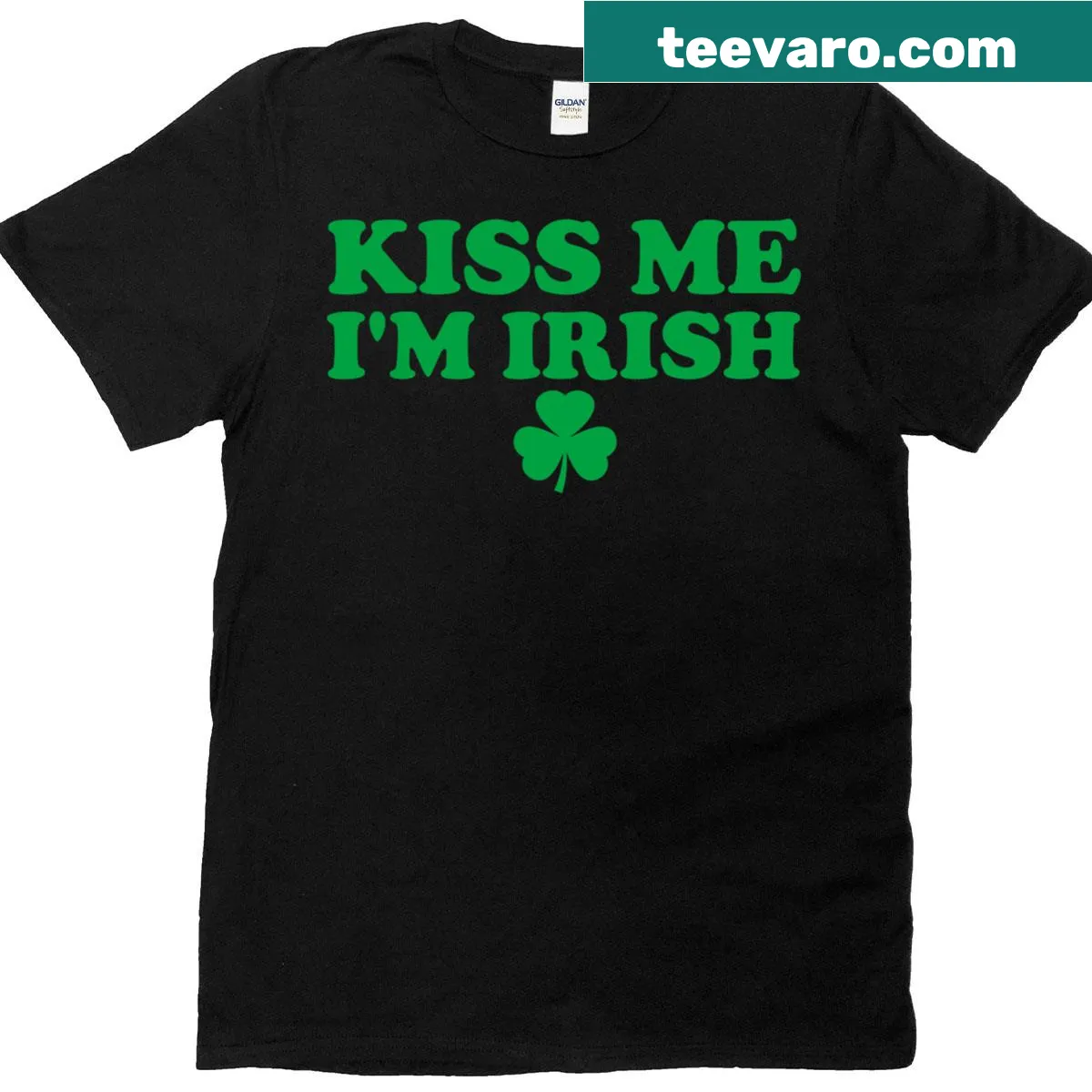 Couple's T-shirt featuring 'Kiss Me I'm Irish' and a shamrock. — on a men's t-shirt