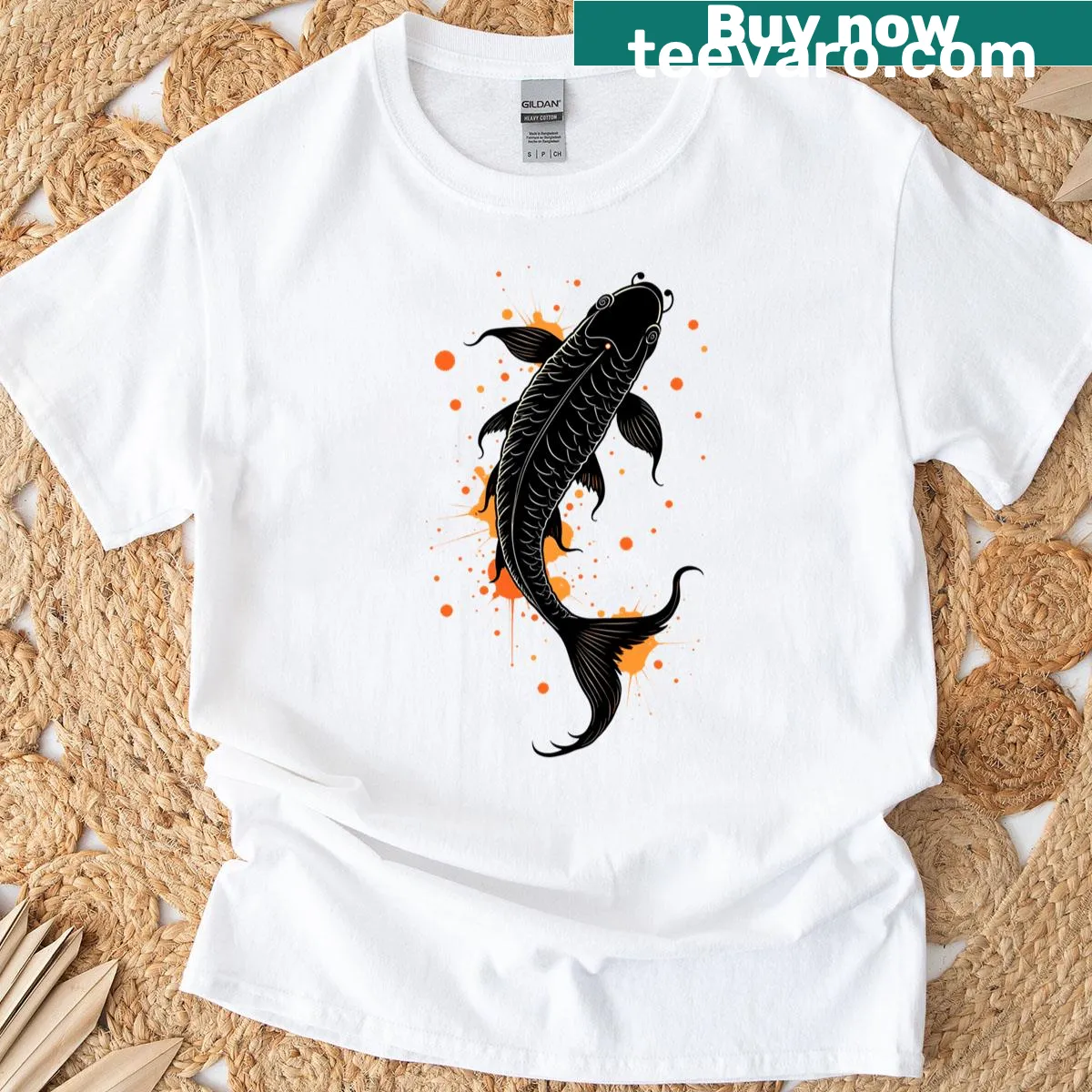 Koi Fish T-shirt with elegant calligraphy design — on a men's t-shirt