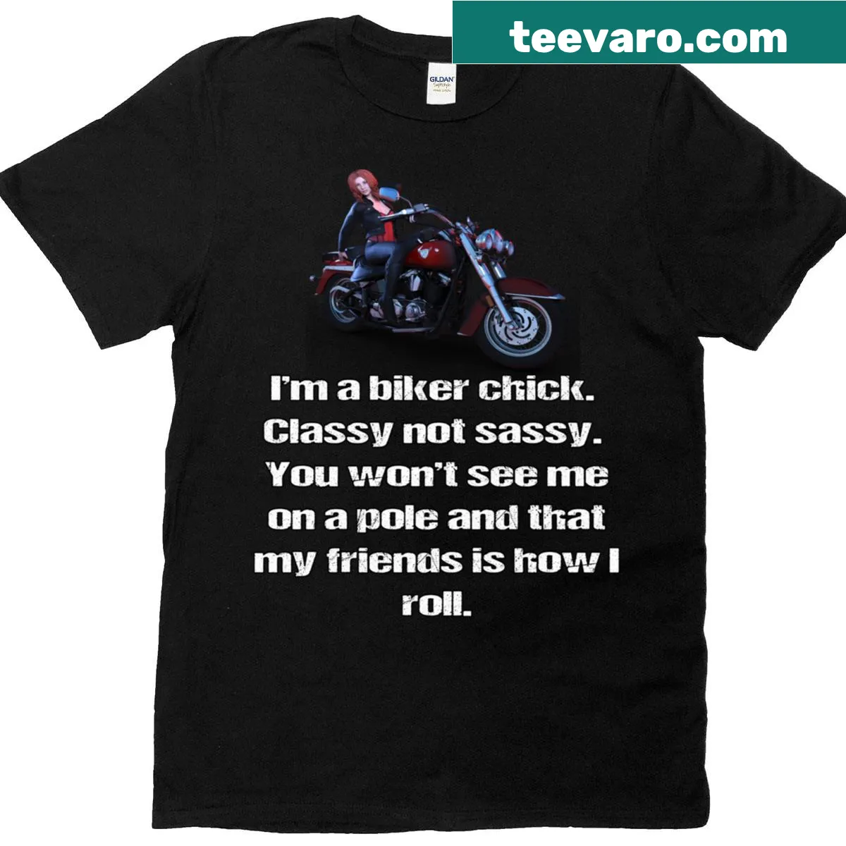 Illustrated Lady Biker T-shirt with Classy Not Sassy text — on a men's t-shirt