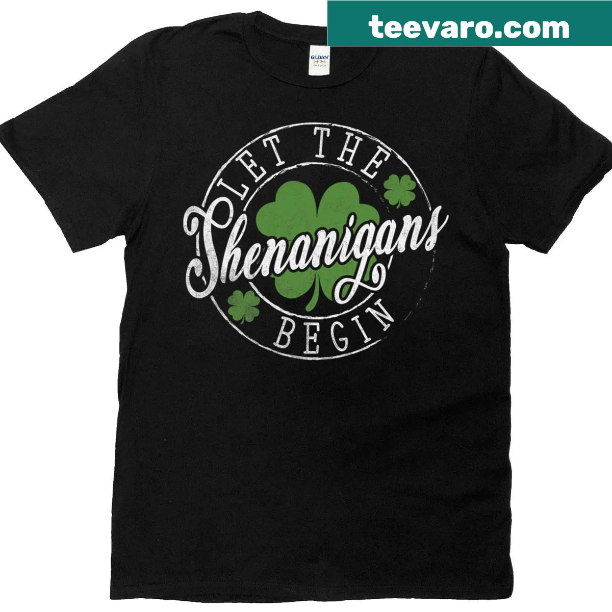 Shamrock-themed T-shirt with 'Let The Shenanigans Begin' text. — on a men's t-shirt
