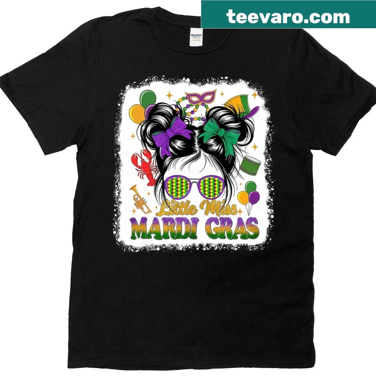 Cute Mardi Gras T-shirt with a cartoon girl in messy bun — on a men's t-shirt