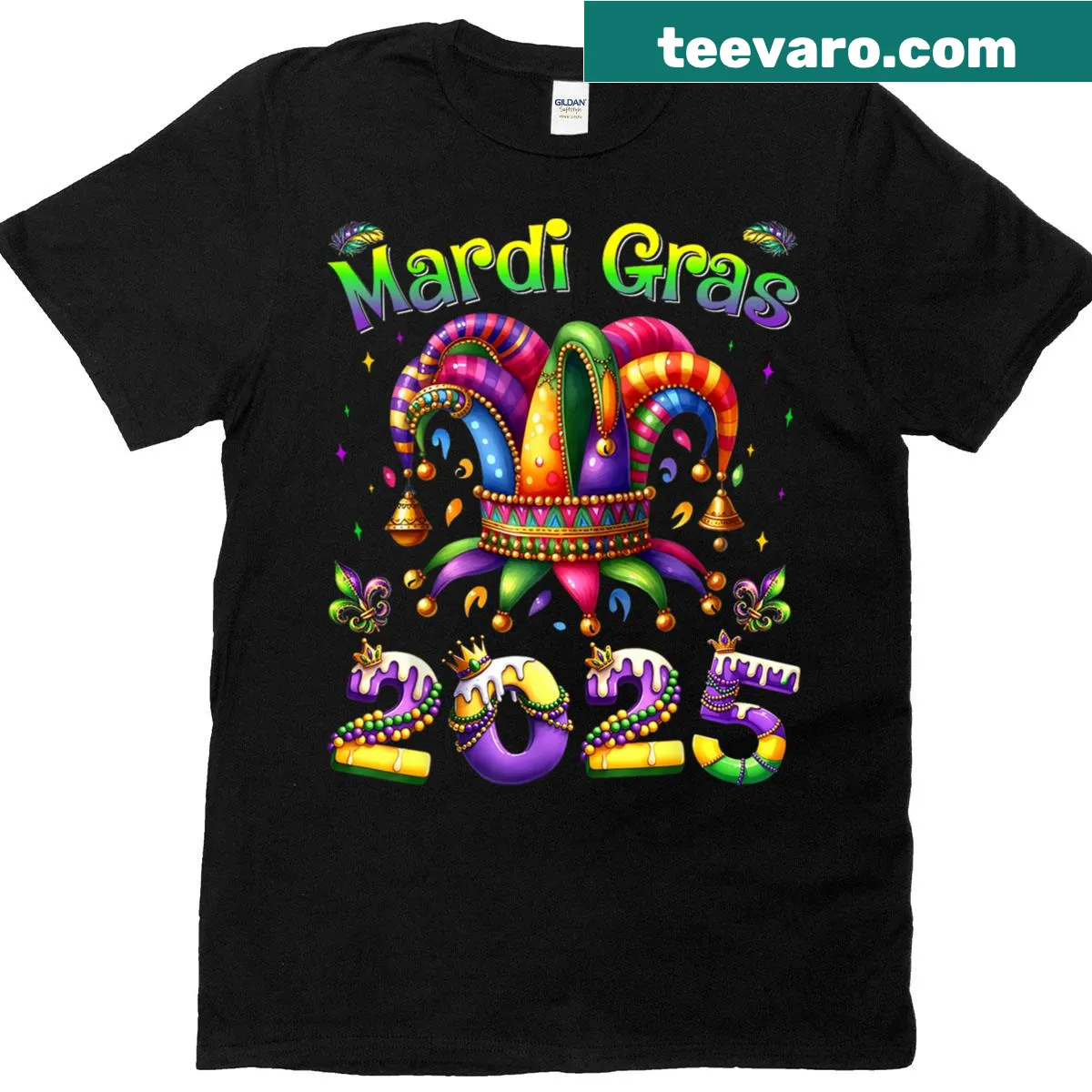 Mardi Gras jester outfit t-shirt for men and kids featuring playful design — on a men's t-shirt
