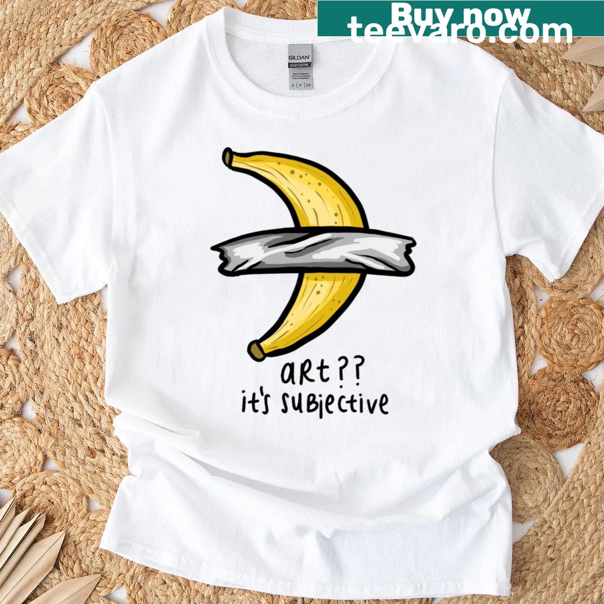 Quirky banana taped design on t-shirt — on a men's t-shirt
