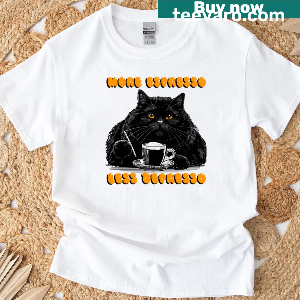 Funny t-shirt with 'More Espresso Less Depresso' and cat graphic — on a men's t-shirt